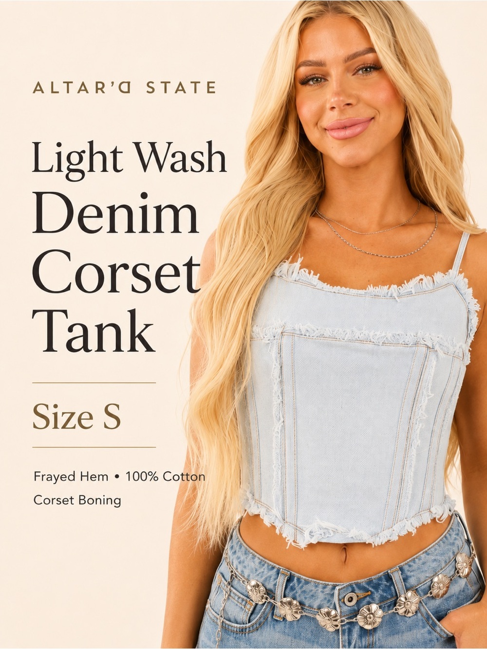 Altar'd State Light Wash Denim Corset Tank -‎ Light Blue